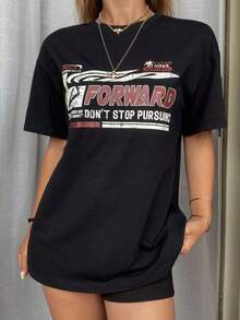 Camiseta unisex de manga corta, cuello redondo, manga corta, informal, con estampado de letras, holgada, para mujer, camiseta gráfica, playeras hombre, spiderman, ,  mujer, romwe men, boho chic, regalos para maestras, camiseta para mujer, conjuntos curvy para hombre, y2k - Negro - Ver 1