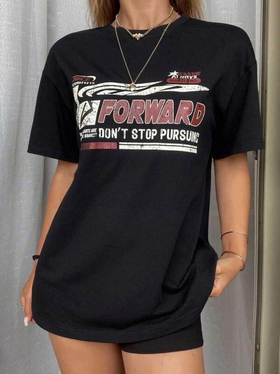 Camiseta unisex de manga corta, cuello redondo, manga corta, informal, con estampado de letras, holgada, para mujer, camiseta gráfica, playeras hombre, spiderman, ,  mujer, romwe men, boho chic, regalos para maestras, camiseta para mujer, conjuntos curvy para hombre, y2k - Negro - Ver 1
