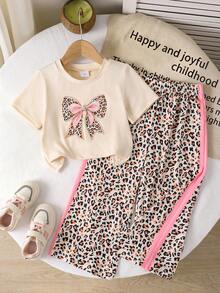 Girls' Summer Chic Leopard Print 2 Pieces Set: Apricot Leopard Print Bow Short Sleeve T-Shirt + Pink Trim Leopard Print Wide Leg Pants - Apricot - View 1