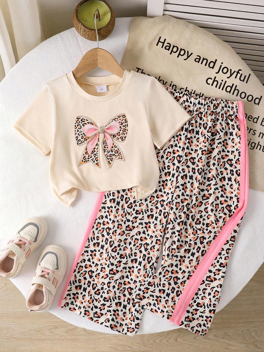 Girls' Summer Chic Leopard Print 2 Pieces Set: Apricot Leopard Print Bow Short Sleeve T-Shirt + Pink Trim Leopard Print Wide Leg Pants - Apricot - View 1