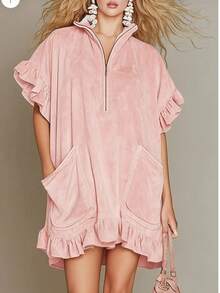 Vestido A-line con mangas cortas y volantes, dos bolsillos y cremallera, nueva colección primavera verano 2026 - Rosa - Ver 2
