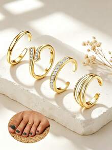 4pcs Women's Personalized Fashion Artificial Zirconia Inlaid Open Adjustable Toe Rings Foot Joint Rings Jewelry Set, Suitable For Beach Vacation, Party, Personalized Outfit Styling Occasions - 4 Items - View 7