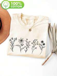 Graphic Print T-Shirt, Short Sleeves, Round Neck, Casual Top For Summer And Spring, Women's Clothing, Women's Winter Clothing - 杏色 - 查看 7