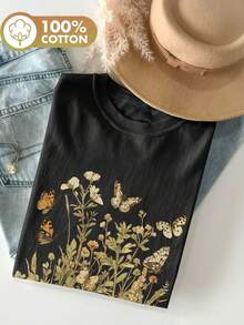 Graphic Print T-Shirt, Short Sleeves, Round Neck, Casual Top For Summer And Spring, Women's Clothing, Women's Winter Clothing - 黑色 - 查看 7