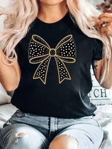 Women's T-Shirt With Modern And Elegant Prints, This Casual Short-Sleeved, Round-Neck T-Shirt For Women Is Perfect For Leisure Travel And Holidays. - 黑色 - 查看 1