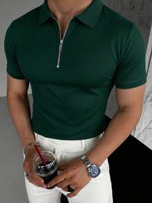 Men's Solid Color Half-Placket Casual Versatile Commuting Short Sleeve Polo Shirt - Green - View 3