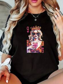 Women's Casual T-Shirt With Print, Round Neck, Short Sleeves, Slightly Stretchy Fabric, Regular Fit, Comfortable Top For All Seasons, Women's Clothing. - 黑色 - 查看 1