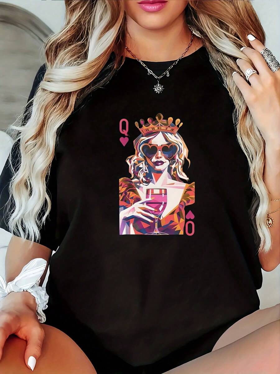Women's Casual T-Shirt With Print, Round Neck, Short Sleeves, Slightly Stretchy Fabric, Regular Fit, Comfortable Top For All Seasons, Women's Clothing. - 黑色 - 查看 1