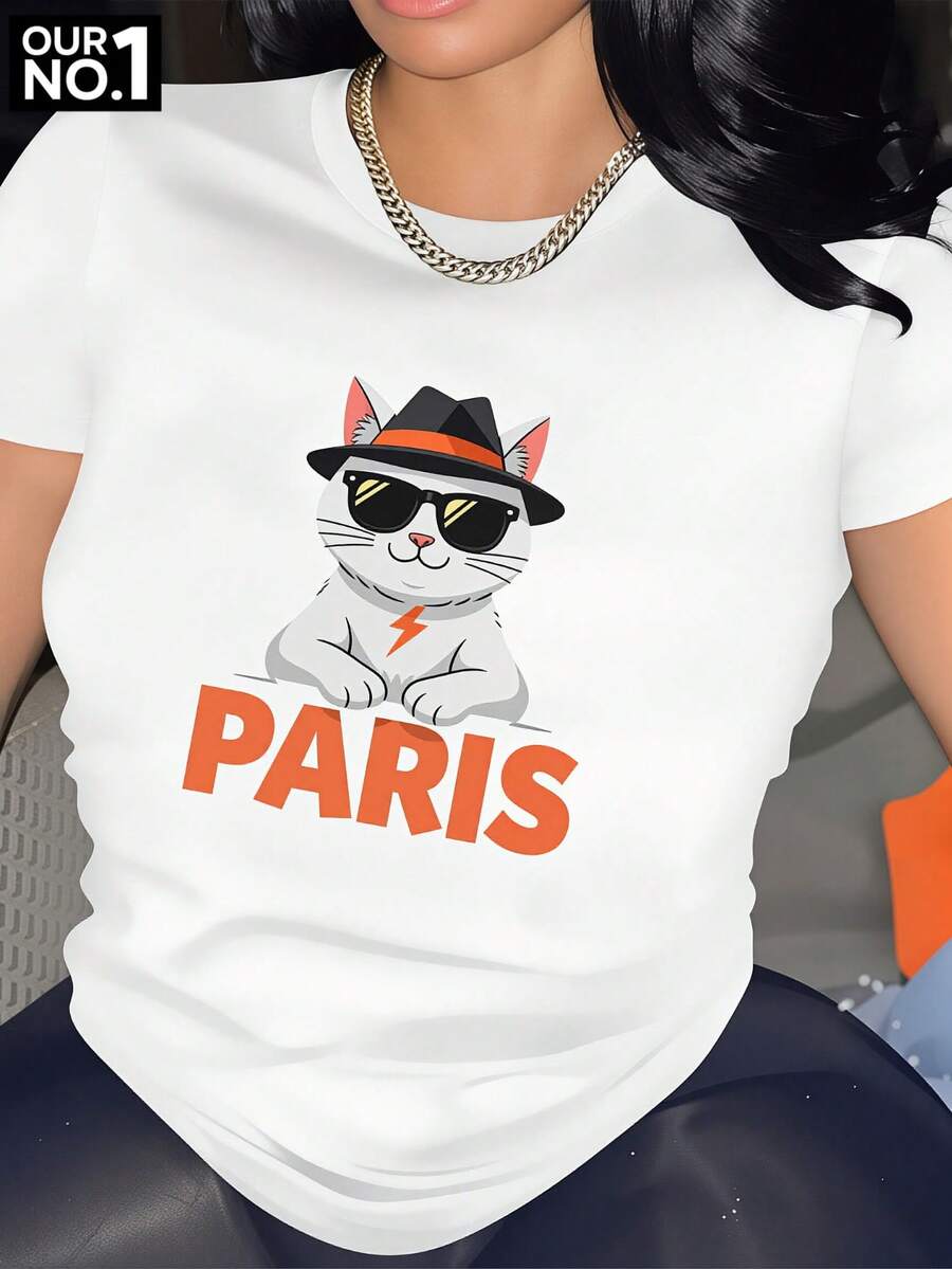 Women's T-Shirt: Breathable Summer Casual Clothing, Women's Round Neck T-Shirt, Modern And Attractive Design With PARIS Cat Print, Elegant And Eye-Catching Blouses For Women. - 白色 - 查看 1