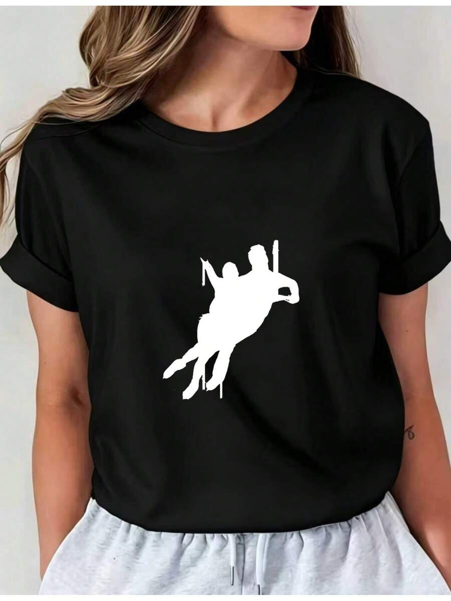 Camiseta Deportiva Casual para Mujer con Diseño de Silueta de Escalada en Roca en Blanco - Camiseta Negra Elástica de Cuello Redondo, Lavable aáquina, Ajuste Cómodo y Apta para Todas las Estaciones, para Amantes de la Aventura. - Negro - Ver 1