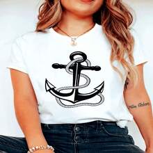 Women's Nautical Anchor Print T-Shirt - White With Black Rope And Anchor Design, Short Sleeve And Round Neck, Comfortable Casual Top For All Seasons, Easy Care And Machine Washable, Nautical Beachwear For Everyday Looks S-XXXL - 白色 - 查看 1