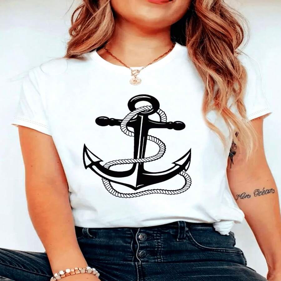 Women's Nautical Anchor Print T-Shirt - White With Black Rope And Anchor Design, Short Sleeve And Round Neck, Comfortable Casual Top For All Seasons, Easy Care And Machine Washable, Nautical Beachwear For Everyday Looks S-XXXL - 白色 - 查看 1