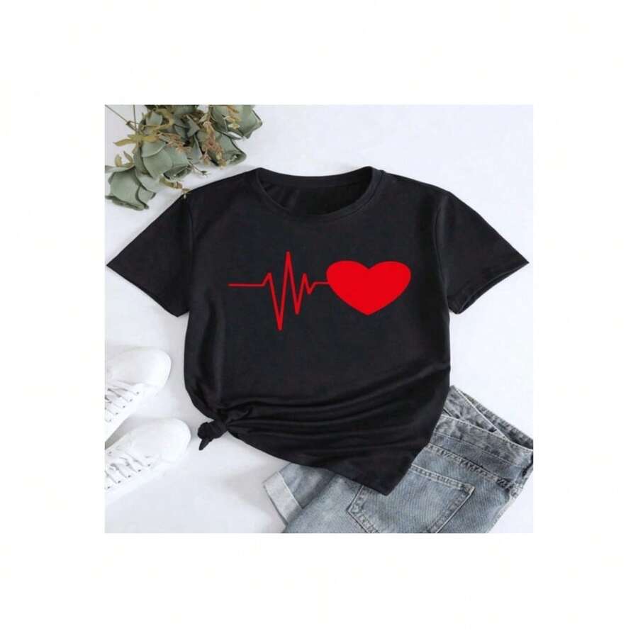 Camiseta de algodón 100% puro con estampado de corazón rojo y corazón - Estilo casual simple, cuello redondo, manga corta, ropa de calle cómoda y suave para todas las estaciones, ropa de calle casual | Camiseta de cuello redondo S-XXXL - Negro - Ver 1