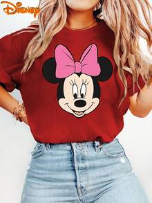 Ladies' Disney Short-Sleeve T-Shirt Featuring A Sweet Cartoon Minnie Mouse With A Big Bow And Double-Sided Print. This Round-Neck Summer Top Is Suitable For Spring, Summer, And Autumn, Perfect For A Disney Trip - 紅色 - 查看 2