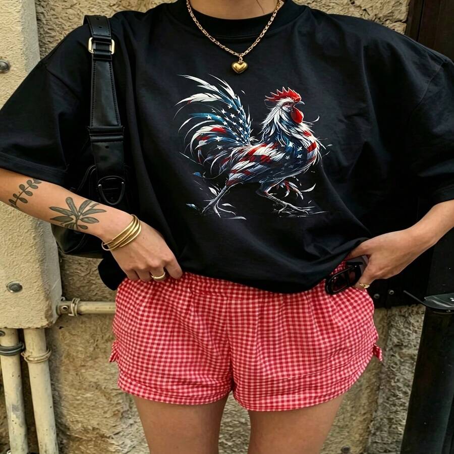 Heartfelt Daily Casual Graphic T-Shirt 100% Cotton Oversized Soft Breathable Casual Crewneck Short Sleeve Top Vintage Aesthetic Red Checkered Shorts Street Style Fashion Lovers Casual Wearers Daily Outfit Enthusiasts Gift Givers - 黑色 - 查看 1