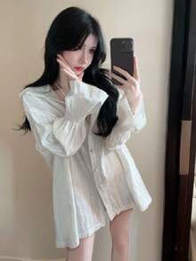 ストライプ フード付きシャツ レディース 薄手 UVカット ゆったり 細見え 韓国風 フェミニン 春夏新作 - ホワイト - チェックする 4