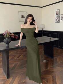 Vestido de mujer con escote ilusión descubierto de hombros y cintura fruncida, elegante para bodas y citas - Verde militar - Ver 6