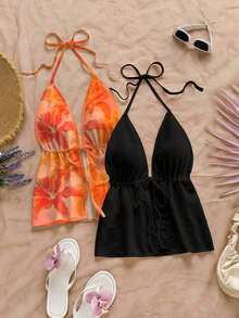 Set de 2 piezas de top de cuello halter con estampado de leopardo y negro liso, apropiado para verano y primavera en la playa - Multicolor 3 - Ver 1