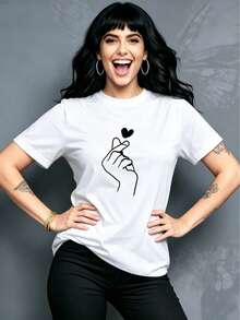Camiseta de verano sencilla para mujer, de manga corta y cuello redondo, corte regular, estampado único, versátil y elegante para el día a día. - Blanco - Ver 1