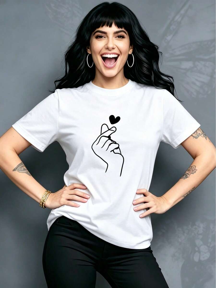 Camiseta de verano sencilla para mujer, de manga corta y cuello redondo, corte regular, estampado único, versátil y elegante para el día a día. - Blanco - Ver 1
