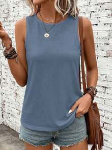 Camiseta sin mangas de cuello redondo 95% casual y cómoda para mujer - Niebla azul - Ver 5