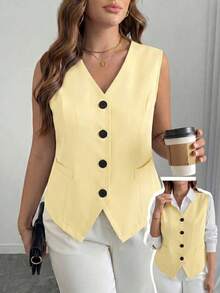 elegante de talla grande de un solo botonadura y ajustado, negro - Amarillo - Ver 8