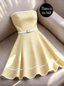 Vestido elegante sin tirantes con estampado floral y ribete de contraste para mujer - amarillo ganso - Ver 7
