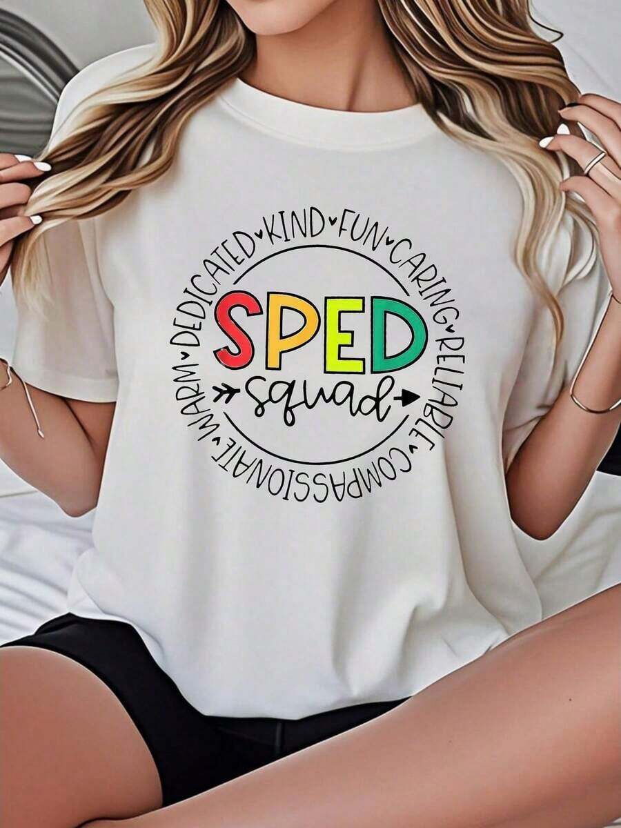 Camiseta de Mujer Casual con Cuello Redondo, Opciones en Blanco y Negro, Estampado de Letras Coloridas SPED, Camisetas Cómodas para Uso Diario, Tops de Verano, Camisetas Gráficas, Conjuntos de Verano para Mujer, Camisetas Cortas para Mujer, Tops Vintage de Algodón, Ropa Linda para Mujer, Playera Holgada para Mujer - Blanco - Ver 1