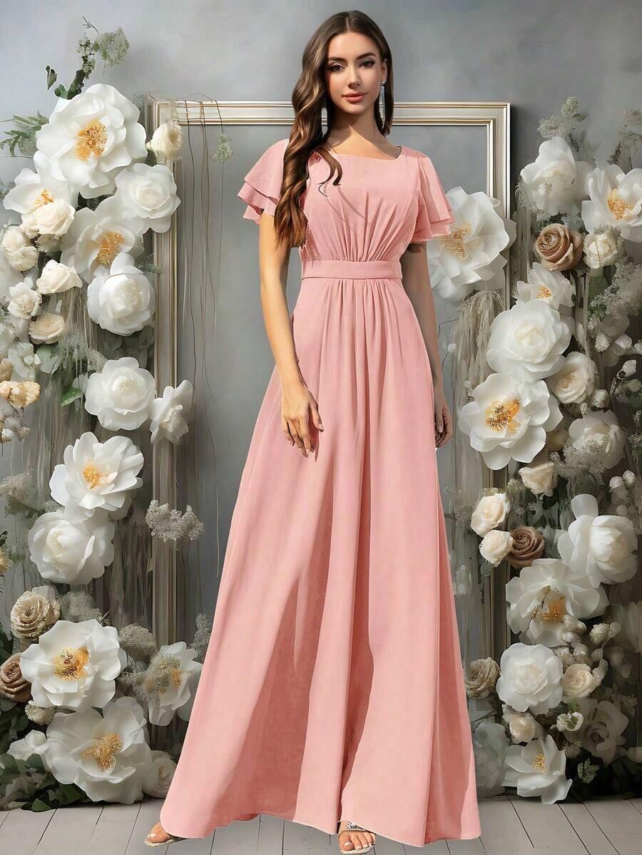 Vestido de dama de honor de gasa con volantes y mangas cortas con volantes, cuello de barco, estilo elegante para boda, color eucalipto - Rosa vieja - Ver 1