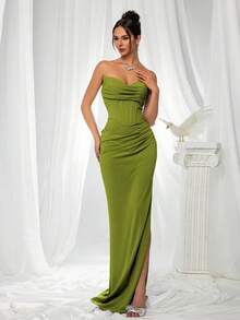 Elegante vestido de dama de honor: vestido de satén ajustado sin tirantes, combinado con una parte superior que ciñe la cintura y una cintura drapeada - Vestido de noche formal y lujoso minimalista, adecuado para el atuendo de invitado de boda en - Mostaza Amarilla - Ver 2