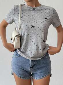 Camiseta casual, suelta, de cuello redondo y manga corta para mujer, primavera/verano - Gris - Ver 8