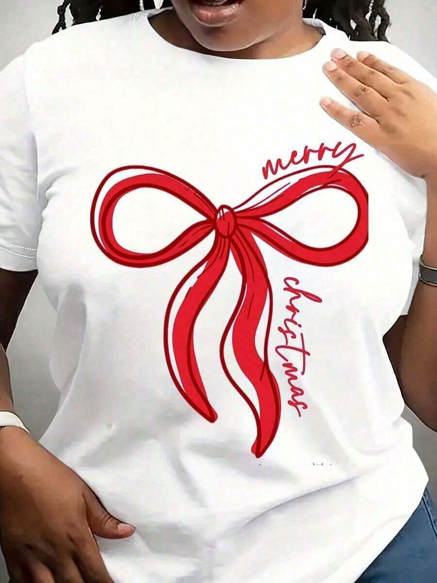 Perfect For Everyday Wear. Merry Christmas Bow Tee, Cute Christmas Bow Tee, Christmas Tee, Merry Christmas Tee, Christmas Tee, Christmas Tee. Suitable For Casual Outings, Travel, The Beach, School, Working From Home, And Weekend Activities; Comfortable And Stylish For Any Occasion. - 白色的 - 查看 1