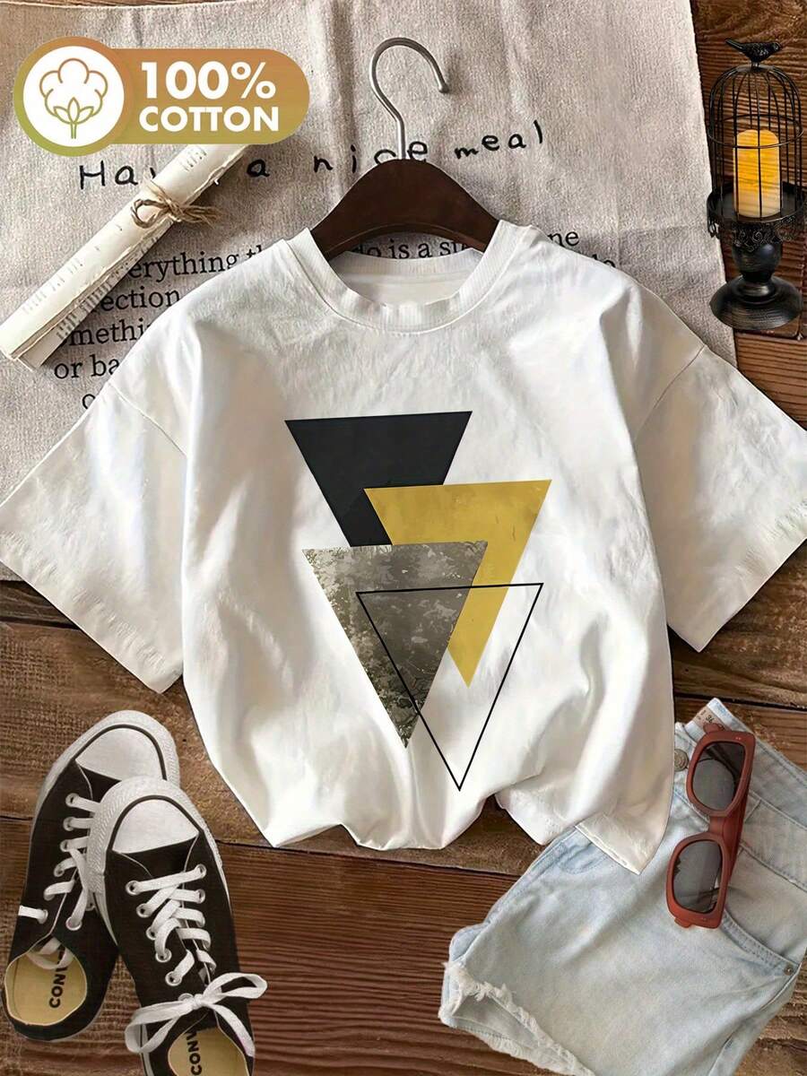 Graphic Print T-Shirt, Casual Short Sleeve Round Neck Top For Summer And Spring, Women's Clothing - White - View 1