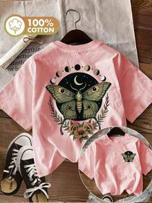 Top casual de verano para mujer con estampado de doble cara con un tema misterioso, mariposas y fases.Camiseta de manga corta y cuello redondo. - Rosa - Ver 7