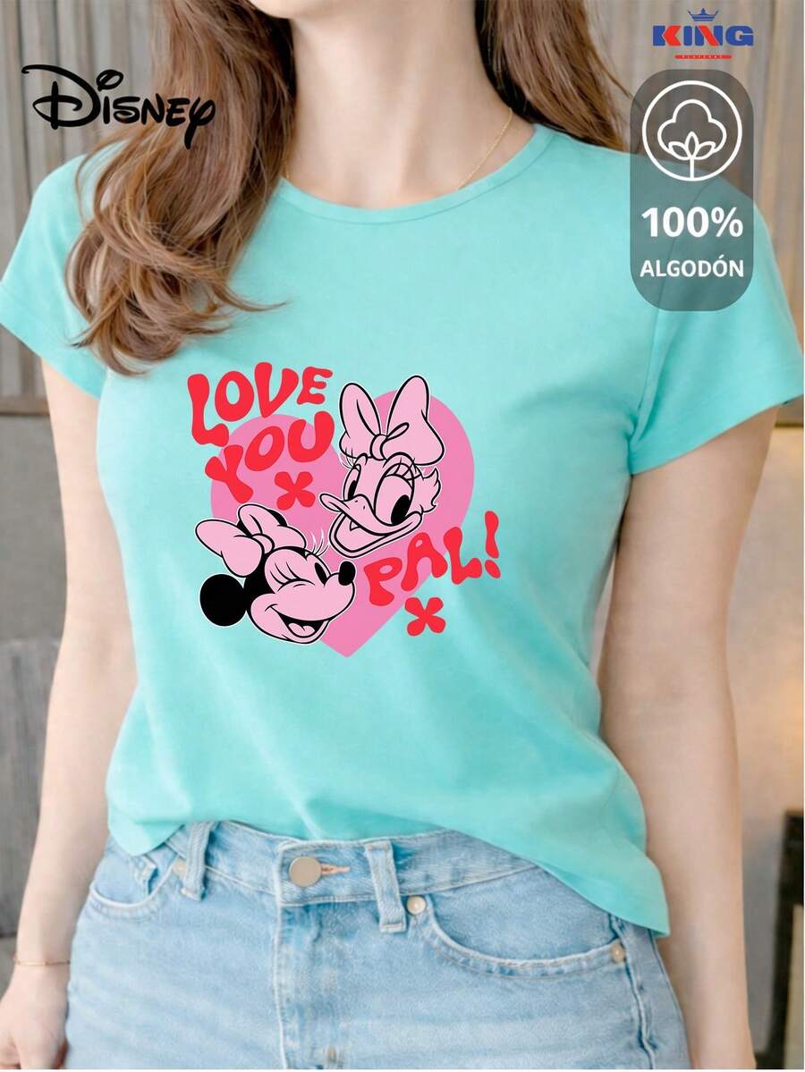 Playera para Dama 100% algodón de excelente calidad, esta playera garantiza una suavidad excepcional al tacto, cuello redondo con estampado "Disney Minnie & Daisy Love You Pal" y manga corta - Agua - Ver 1