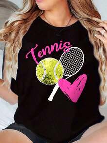 100% Cotton. Black Raglan T-Shirt With Tennis Racket, Ball, And Heart Print For Sports Enthusiasts. Soft. Women's Simple Solid Color T-Shirt, Loose And Slim Fit Casual Short Sleeve - 黑色 - 查看 11