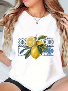 100% Cotton Women's Round Neck T-Shirt With Limoncello La Dolce Vita Print For Casual Wear, Soft, Simple Solid Color T-Shirt, Loose And Slim Fit, Casual Short Sleeve - 白色的 - 查看 11
