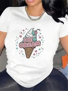 Short-Sleeved T-Shirt With Ice Cream Print, Suitable For Casual Dining At Restaurants, Made Of Durable And Lightweight Material, Ideal For Everyday Wear And Offering A Comfortable Fit For Indoor And Outdoor Activities. - 白色 - 查看 1