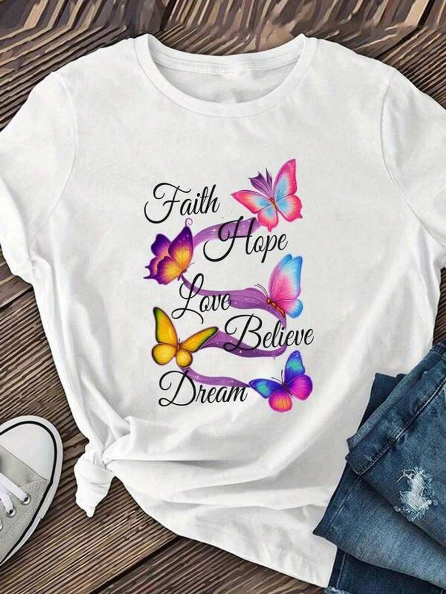 Women's Short Sleeve T-Shirt With Round Neck And Print: Faith, Hope, Love, Believe, Dream, Sizes S-3XL. Fashionable, Comfortable, And Breathable. Machine Washable. - 白色 - 查看 1