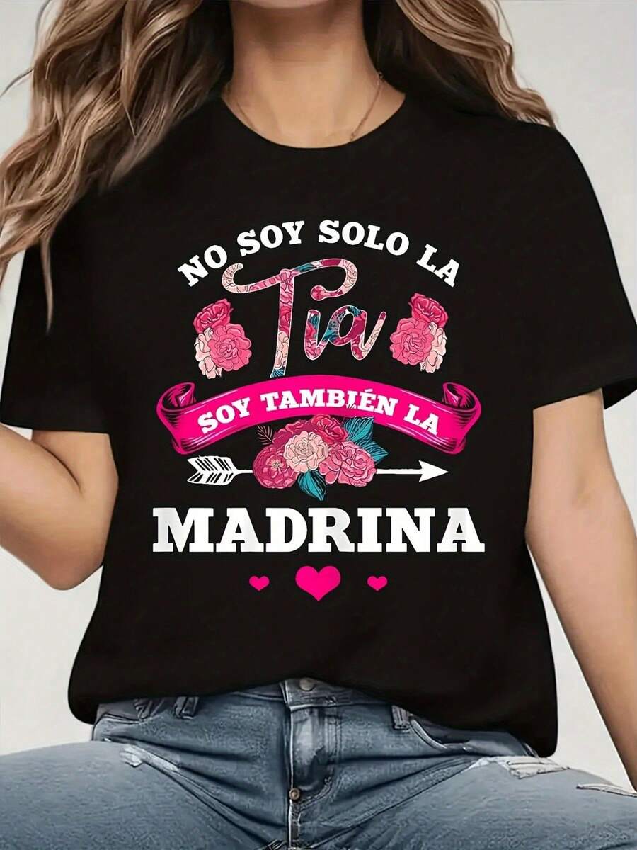 Women's T-Shirt "I'm Not Laia, I'm Also The Godmother" - Soft Round Neck, Short Sleeve With Flower And Heart Design, Ladies' T-Shirts - 黑色 - 查看 1