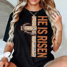 Women's Clothing Women's Casual Cotton T-Shirt With Round Neck And Short Sleeves 'He Is Risen' With Christian Graphic Print Women's Shirts - 黑色 - 查看 1