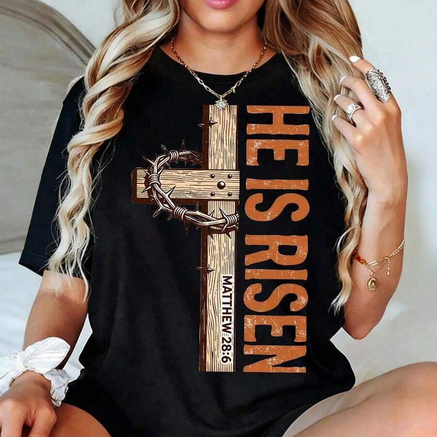 Women's Clothing Women's Casual Cotton T-Shirt With Round Neck And Short Sleeves 'He Is Risen' With Christian Graphic Print Women's Shirts - 黑色 - 查看 1