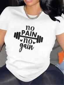 Nueva camiseta de moda para mujer con cuello redondo y estampado No No Gain, para entrenamientos en el gimnasio, duradera y cómoda, perfecta para entusiastas del fitness, con tela ligera y transpirable, adecuada para actividades en interiores y exteriores. Estilo básico universal, diseño versátil listo para el verano. - Blanco - Ver 1