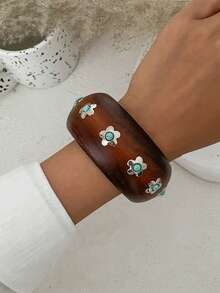 1pc Rustic Style Geometric Exaggerated Inlaid Faux Turquoise Flower Charm Jewelry Wooden Cuff Bracelet, Luxurious & Elegant, Suitable For Wedding, Banquet, Vacation, Party, Daily Casual, Street Style, Women, Couples, Holiday, Birthday, Versatile Gift - Bracelet - View 16