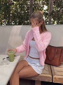 Women's Minimalist School Style Solid Color Round Neck Ribbed Front Button Casual Versatile Long Sleeve Soft Girl Pastel Pink Cardigan Sweater Macaron Color Cozy Knitwear - Pink - View 3