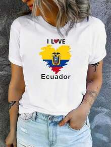 CHICLY19 Camiseta de Algodón con Estampado de la Bandera de Ecuador, Camiseta Ajustada de Manga Corta y Cuello Redondo para Mujer, Estampado de Bandera de Corazón de Ecuador, Top Ajustado Patriótico con Orgullo Ecuatoriano, Camiseta de Algodón Blanca de Estilo Casual para Uso Diario, Transpirable y Cómoda. - Blanco - Ver 2