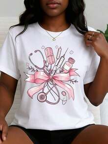 Women's T-Shirt With A Medical-Themed Design, Featuring A Stethoscope, Syringe, Pills, And Tape. Ideal For Casual Wear In Spring And Summer. A Perfect Gift For Nurses, Doctors, Or Healthcare Workers To Celebrate International Nurses Day In May. A Perfect Gift For Nurses; Women's Clothing To Pay Tribute To The Most Beautiful Angels In White. Women's T-Shirts - 白色 - 查看 6