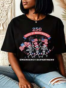 [250th Anniversary T-Shirt] Women's 250 Years Of Care Semiquincentennial Since 1776 American Flag Stethoscope Design Casual Round Neck T-Shirt For Summer And Fall Perfect Gift For Nurses Doctors And Healthcare Workers,Perfect Gift For Patriotic Lovers And Independence Day Enthusiasts,Independence Day Celebration Apparelwomen's T-Shirts - 黑色 - 查看 6