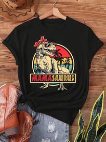 Camiseta Deportiva Casual para  con Gráfico Retro de Dinosaurio y Diseño de Atardecer - Camiseta Elástica de Cuello Redondo, Lavable aáquina, Ajuste Cómodo y Perfecta para Todas las Estaciones. - Negro - Ver 1