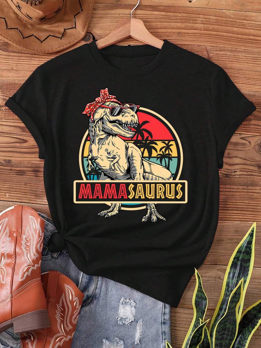 Camiseta Deportiva Casual para  con Gráfico Retro de Dinosaurio y Diseño de Atardecer - Camiseta Elástica de Cuello Redondo, Lavable aáquina, Ajuste Cómodo y Perfecta para Todas las Estaciones. - Negro - Ver 1